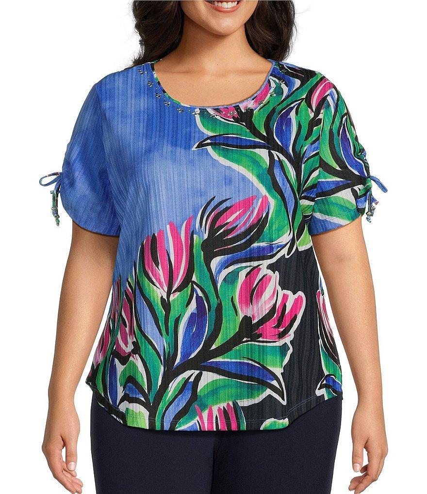 Allison Daley Plus Size Painterly Floral Print Short Tie Sleeve Crew Neck Knit Top Product Image