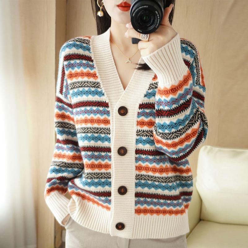 V-Neck Pattern Button-Up Cardigan Product Image