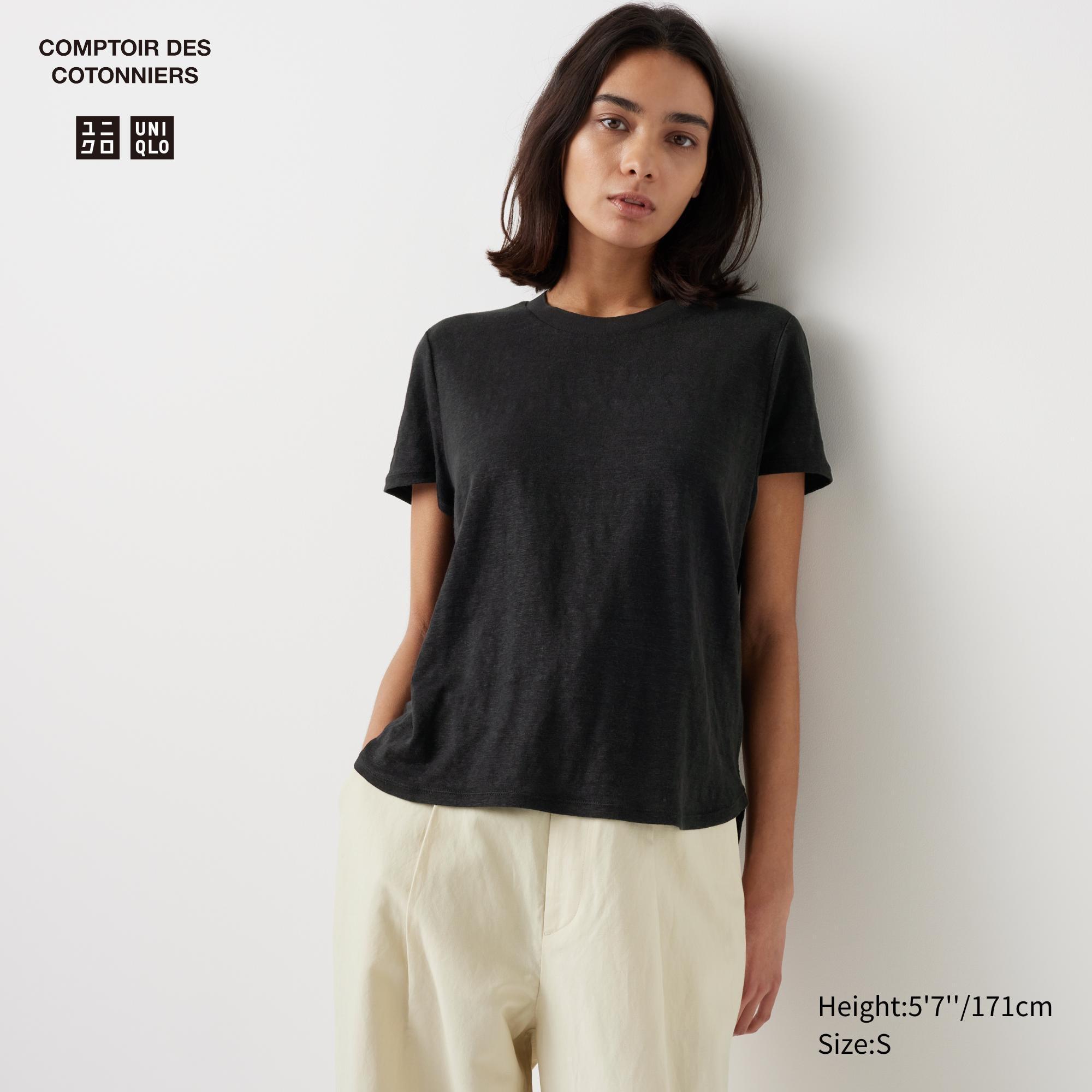 Womens Linen Crew Neck Short Sleeve T-Shirt Black XL UNIQLO US product image