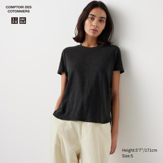 Womens Linen Crew Neck Short Sleeve T-Shirt Black XL UNIQLO US Product Image