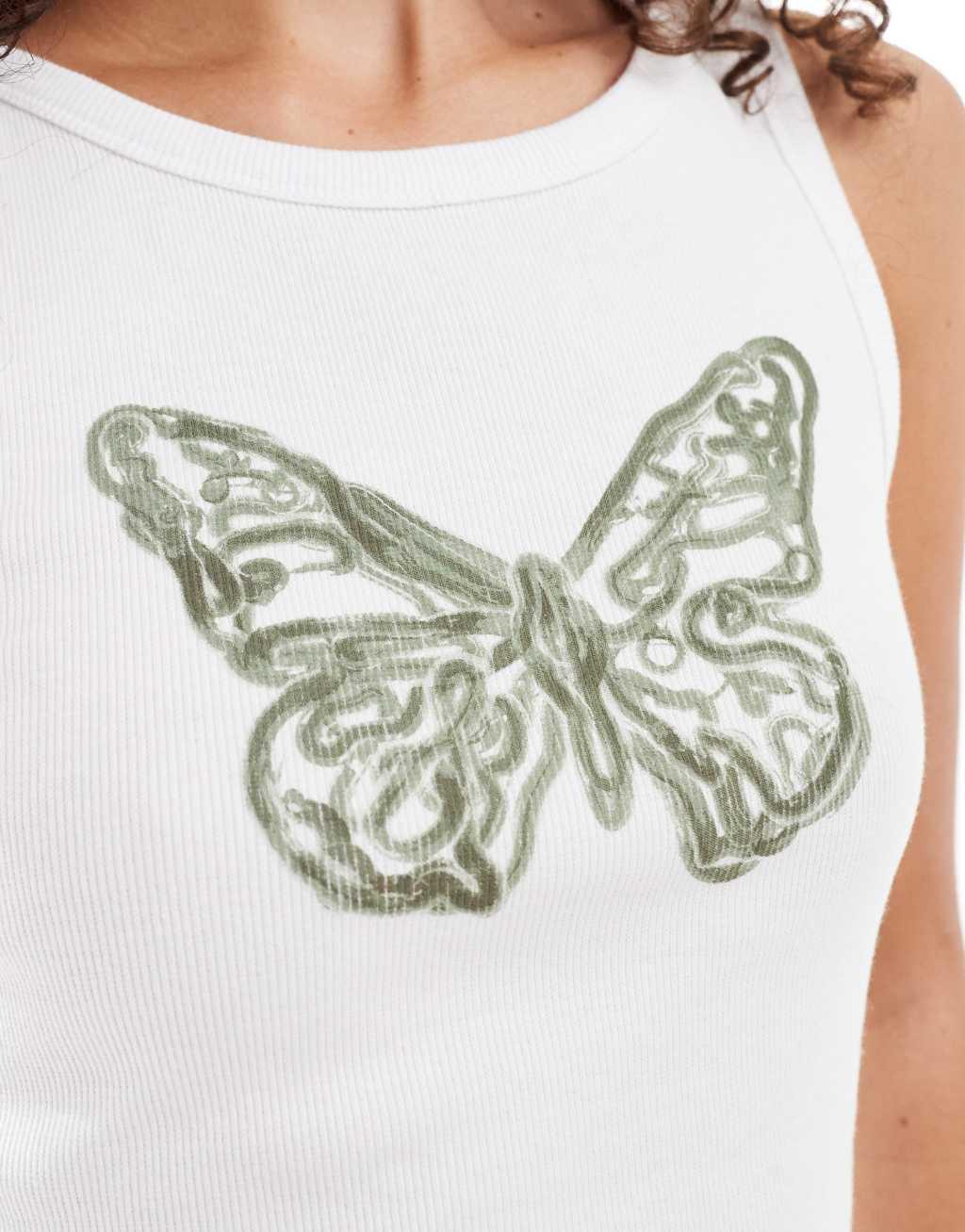 Noisy May lettuce hem tank top with butterfly print in white Product Image