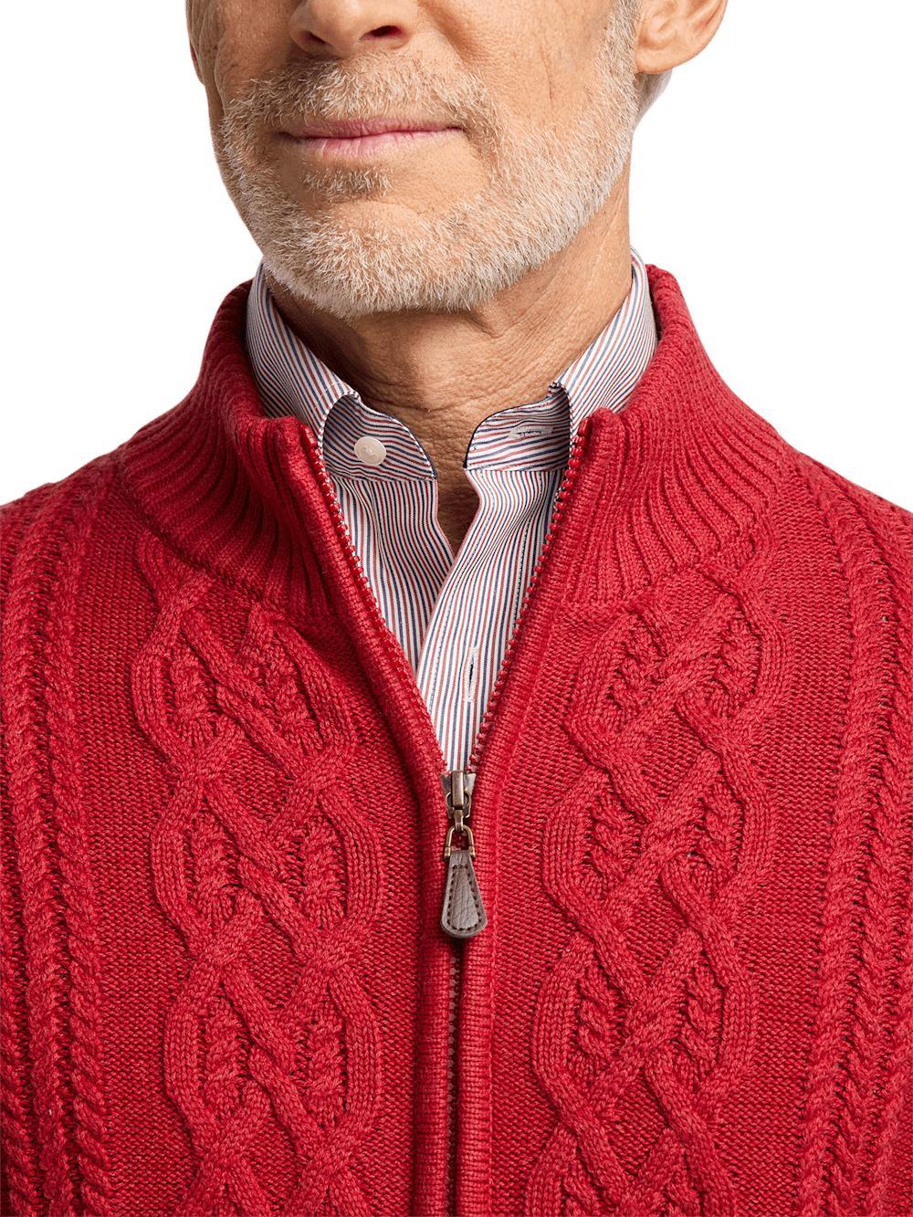 Cotton Cable Full Zip Mock Neck Sweater - Red Product Image