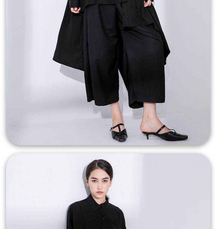 Long-Sleeve Plain Asymmetrical Button-Up High Low Tunic Shirt Product Image