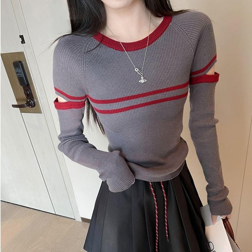 Round Neck Striped Cutout Ribbed Sweater Product Image