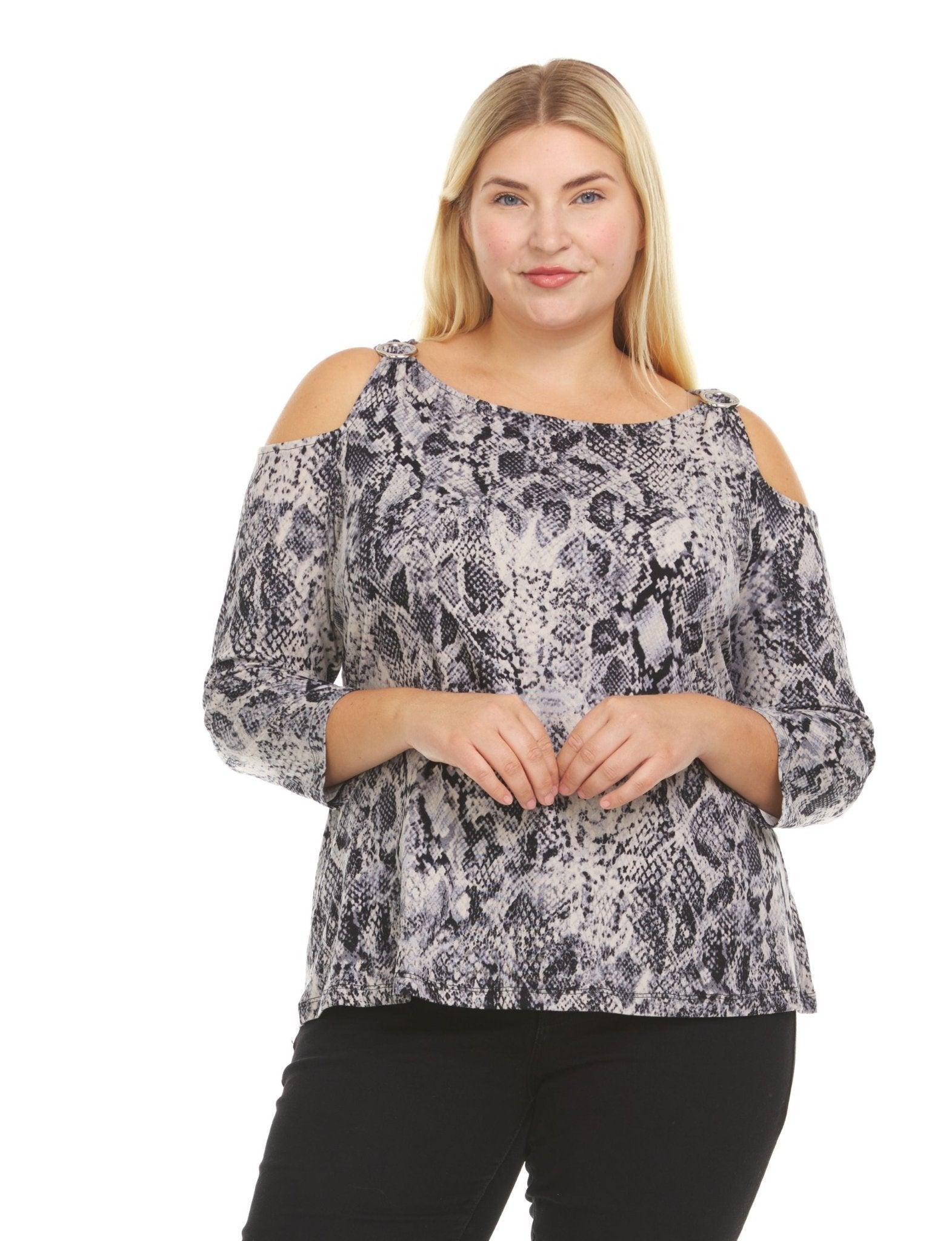 Python Print 3/4 Sleeve Cold Shoulder Top With Shoulder Strap Grommet- plus Product Image