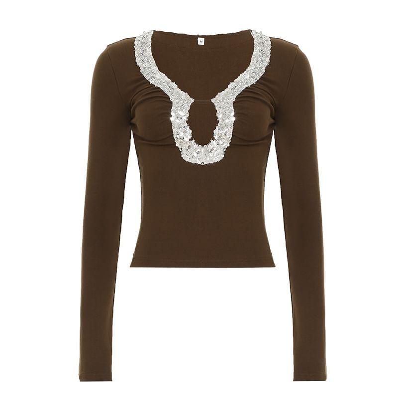 Long-Sleeve V-Neck Sequin Trim Plain Top Product Image