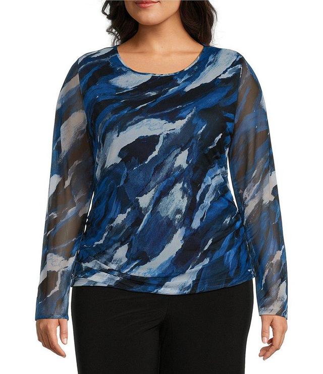 Investments Plus Size Soft Separates Mesh Marbled Sky Long Sleeve Crew Neck Top Product Image