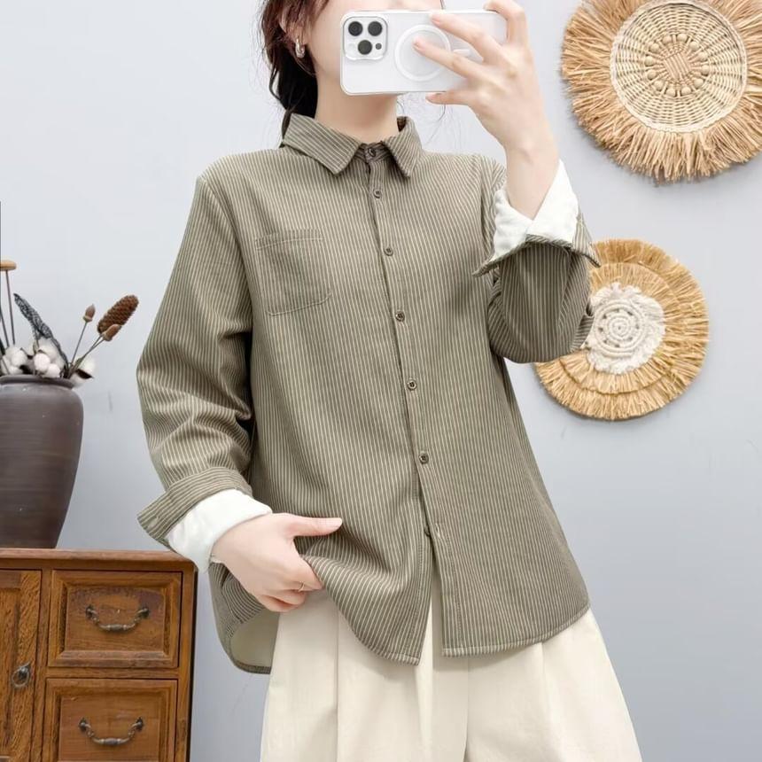 Fleece-Lined Striped Button-Up Shirt Product Image