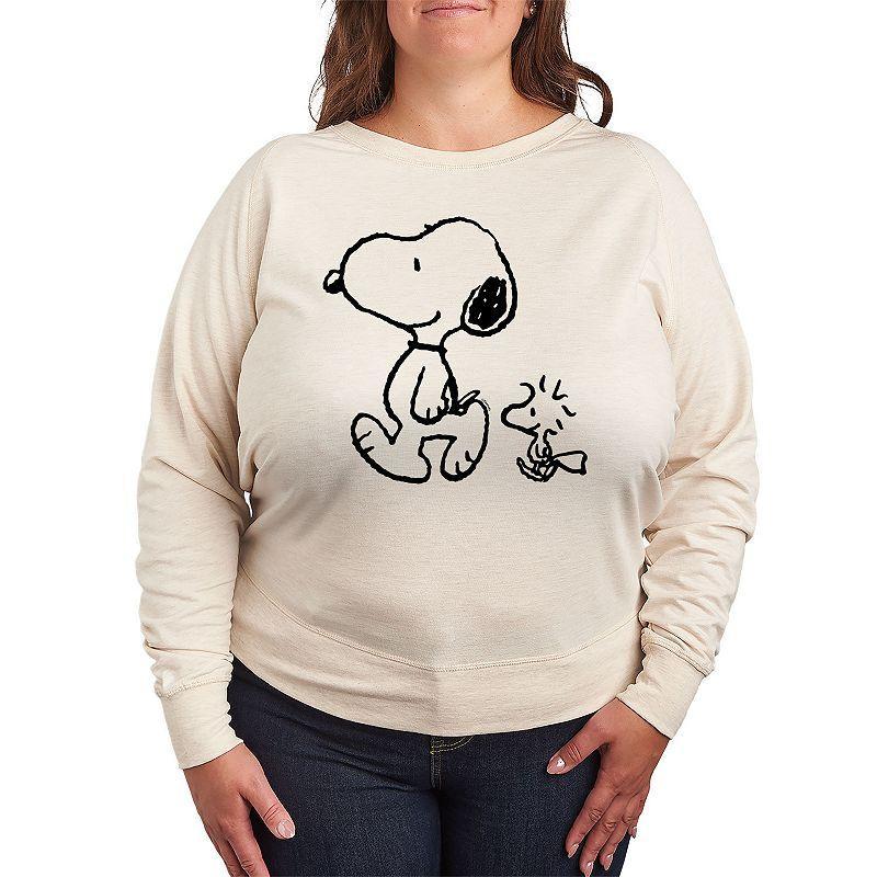 Plus Size Peanuts Snoopy & Woodstock Walk Lightweight French Terry Sweatshirt, Girls Grey Green Product Image