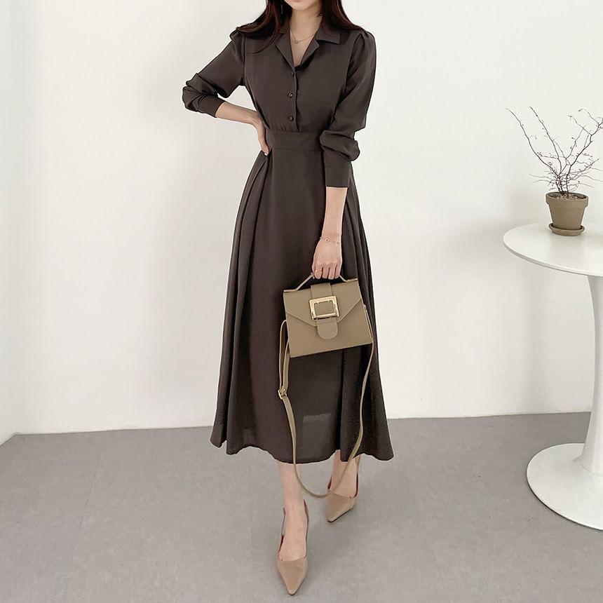 Long-Sleeve Plain Midi A-Line Shirt Dress Product Image