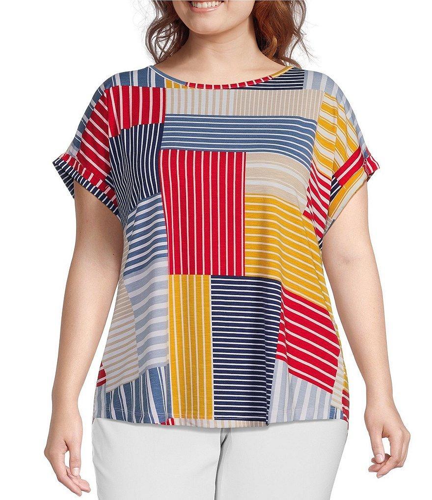 Multiples Plus Size Knit Patchwork Print Crew Neck Short Cuffed Sleeve Top Product Image