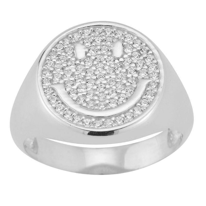 Sunkissed Sterling Cubic Zirconia Pave Smiley Face Signet Ring, Womens Silver Tone Product Image