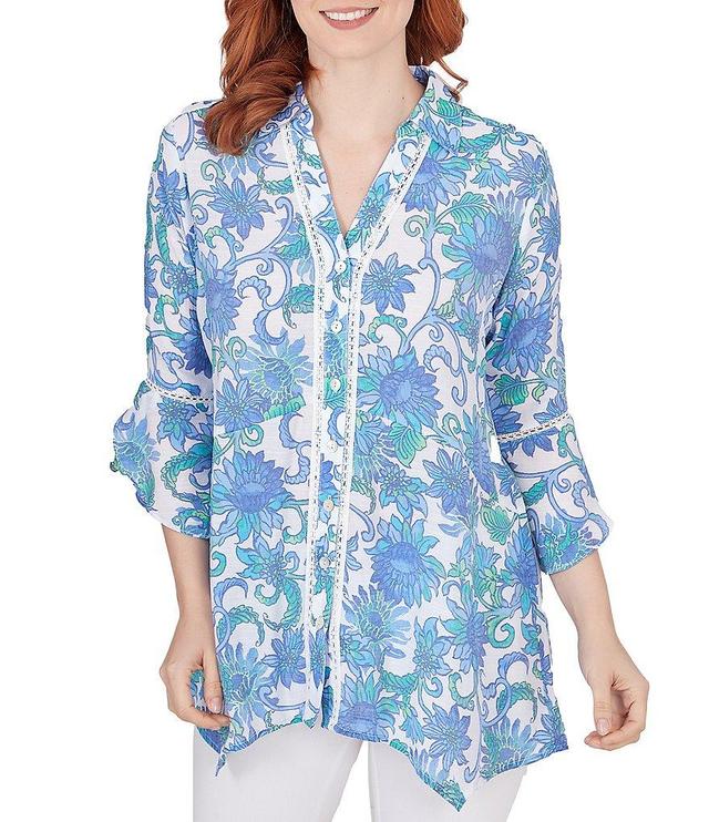 Ruby Rd. Woven Bali Floral Point Collar 3/4 Flounce Sleeve Lace Trim Button-Front Shirt Product Image