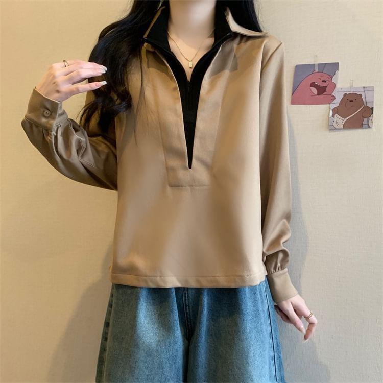 Mock Two-Piece Long-Sleeve Two Tone Overhead Blouse Product Image