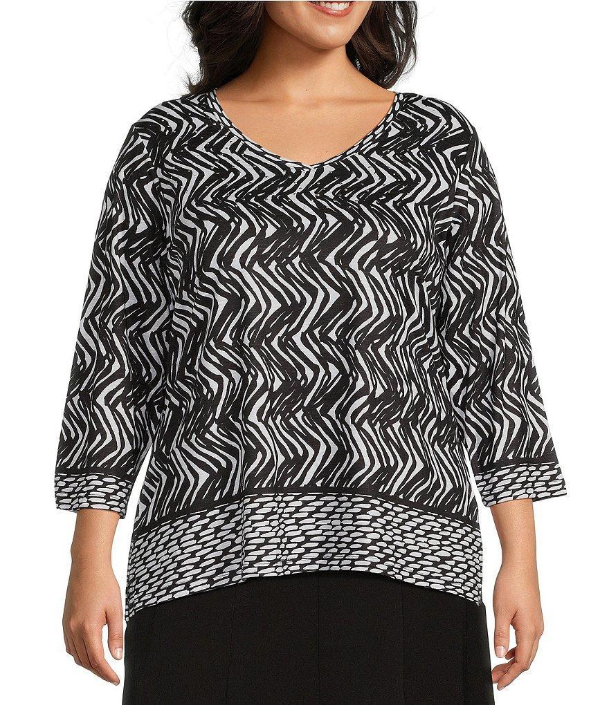 Allison Daley Plus Size Embellished Border Print 3/4 Sleeve V-Neck Knit Top Product Image