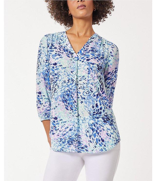 Jones New York Printed V-Neck 3/4 Sleeve Pleated Front Tunic Product Image