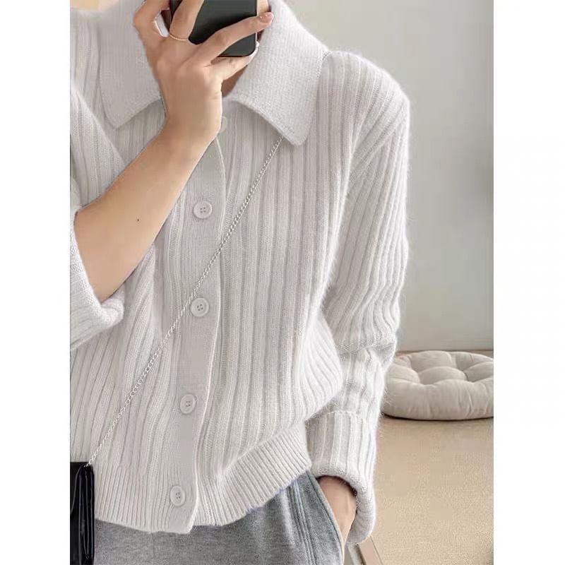 Lapel Collar Plain Button Up Ribbed Knitted Cardigan Product Image