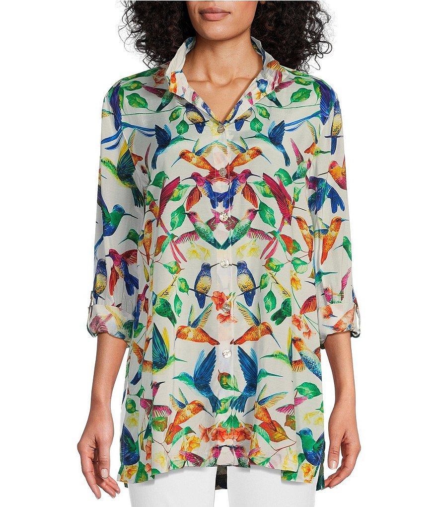 John Mark Humming Bird Print Wire Collar Roll-Tab Sleeve Button Front Tunic Product Image