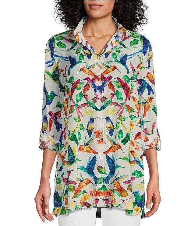 John Mark Humming Bird Print Wire Collar Roll-Tab Sleeve Button Front Tunic Product Image