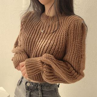 Puff Sleeve Plain Crop Sweater Product Image