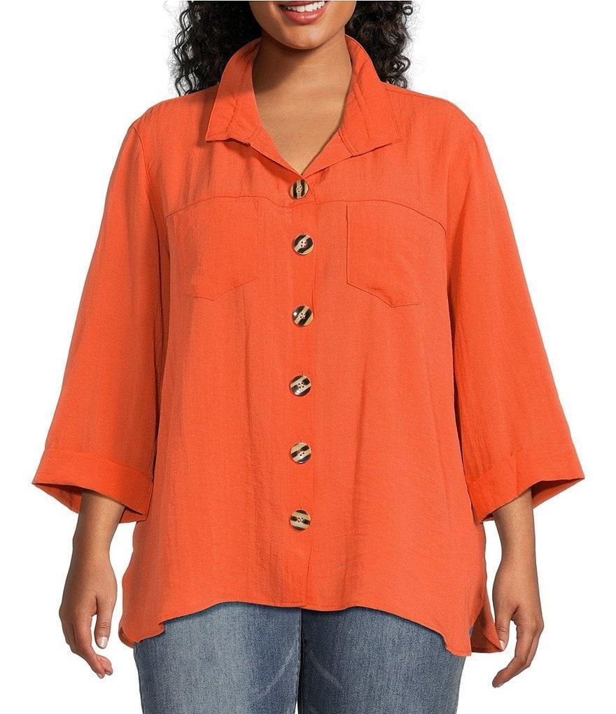 John Mark Plus Size Solid Woven Wire Collared Button Front 3/4 Sleeve Camp Shirt Product Image