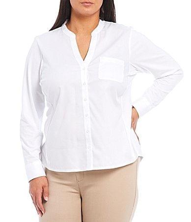 Calvin Klein Plus Size Mixed Media Long Sleeve Split Round Neck Button Front Top Product Image