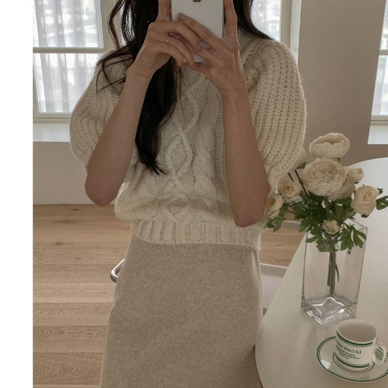 Short-Sleeve Round Neck Plain Cable Knit Top Product Image