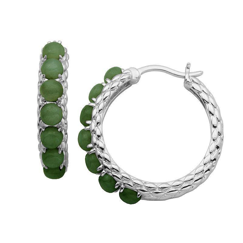 Dynasty Jade Rhodium-Plated Sterling Silver Dark Green Jade Bead Hoop Earrings, Womens Product Image