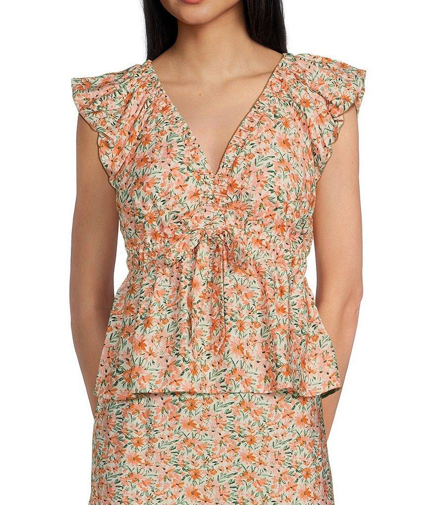 I.N. San Francisco Coordinating Floral Print Bubble Sleeve Tie Front Peplum Top Product Image