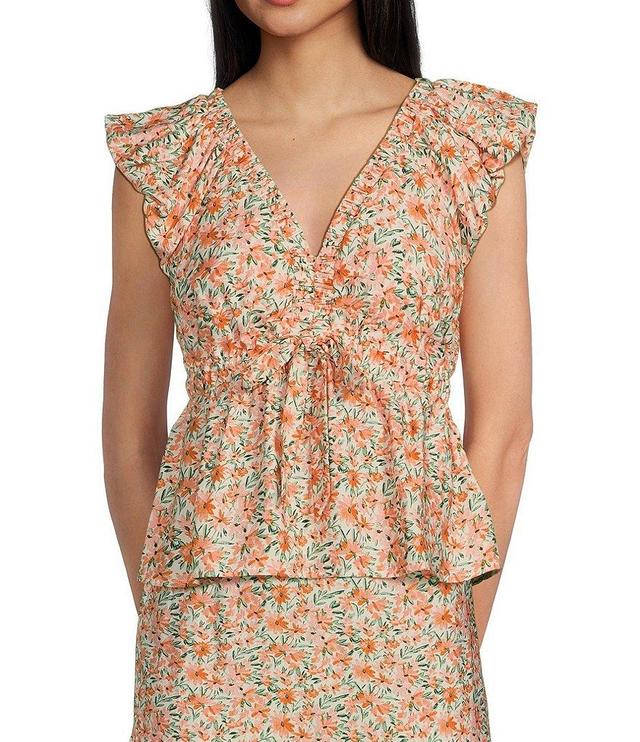 I.N. San Francisco Coordinating Floral Print Bubble Sleeve Tie Front Peplum Top Product Image