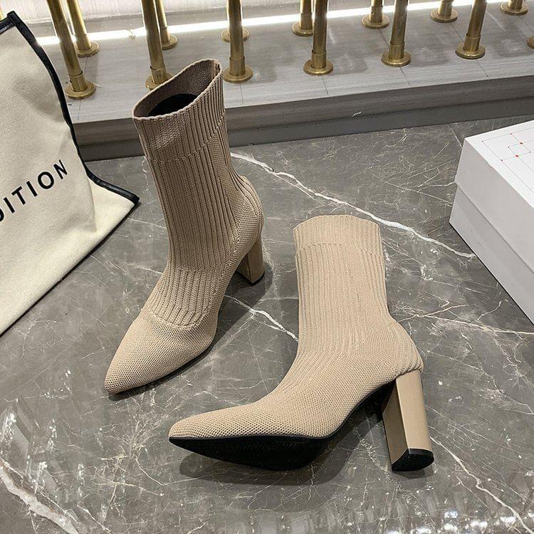 Chunky Heel Pointed Toe Plain Short Sock Boots product image