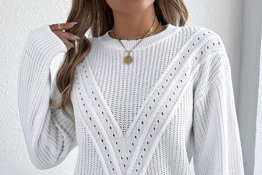 Crew Neck Plain Perforated Sweater Product Image