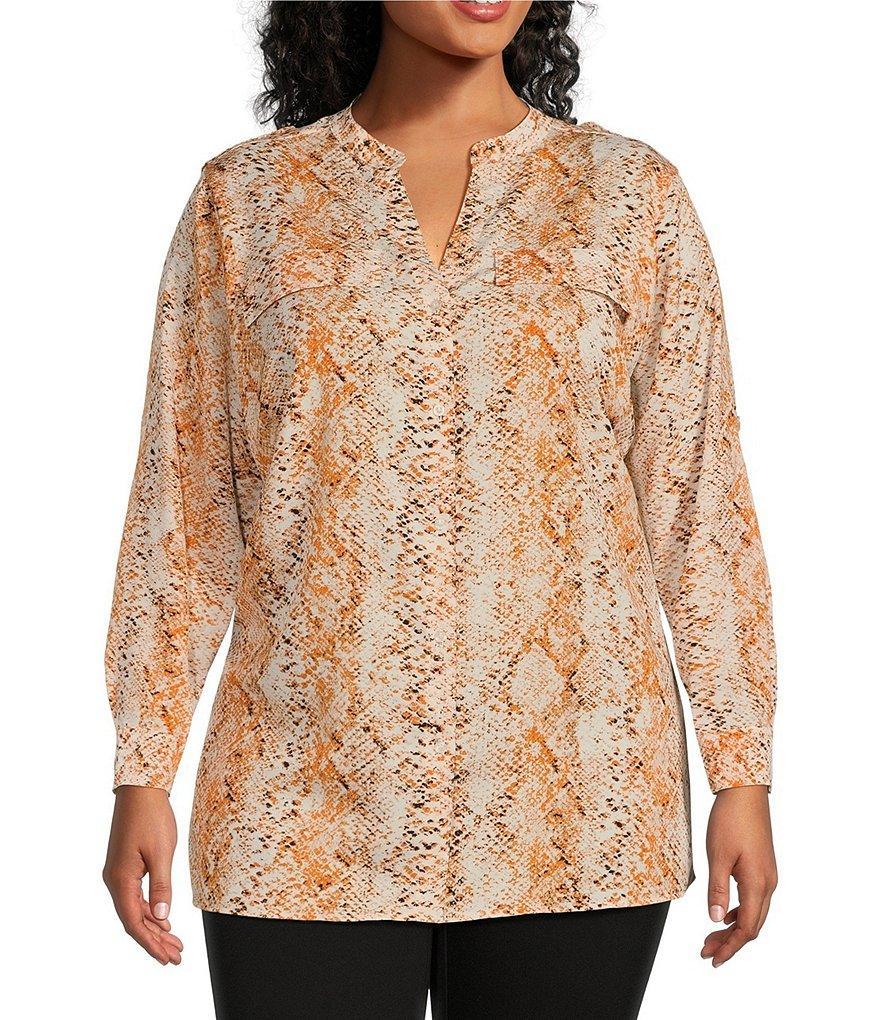 Calvin Klein Plus Size Crepe de Chine Snakeskin Print Split V-Neck Roll-Tab Sleeve Button Front Blouse Product Image