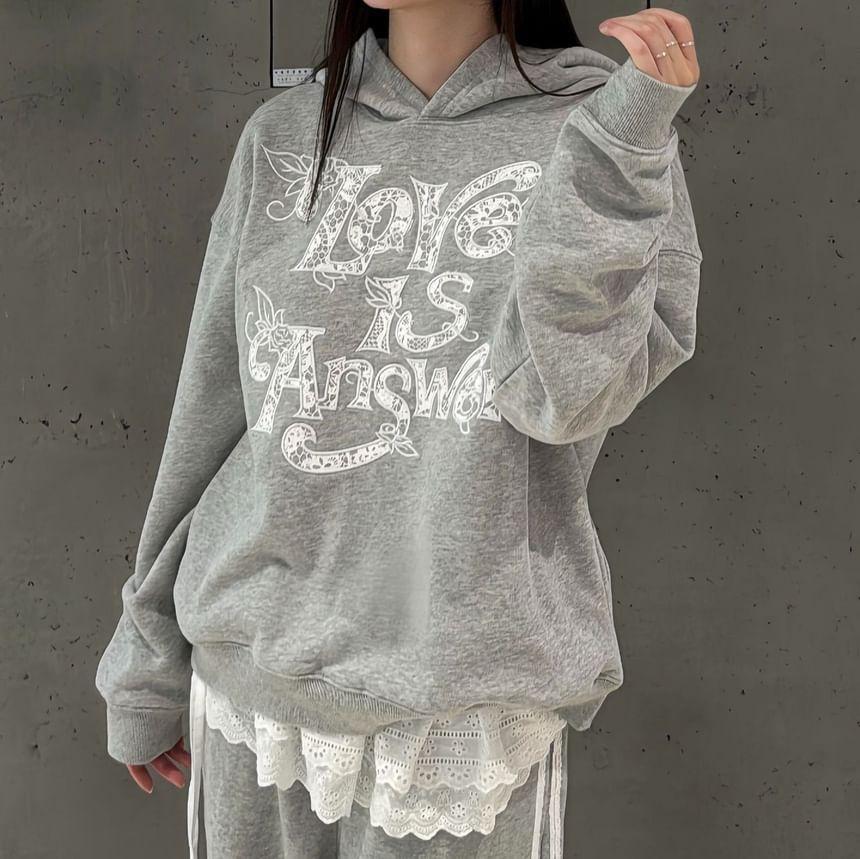 Long Sleeve Lettering Print Hooded Loose-Fit Pullover Product Image