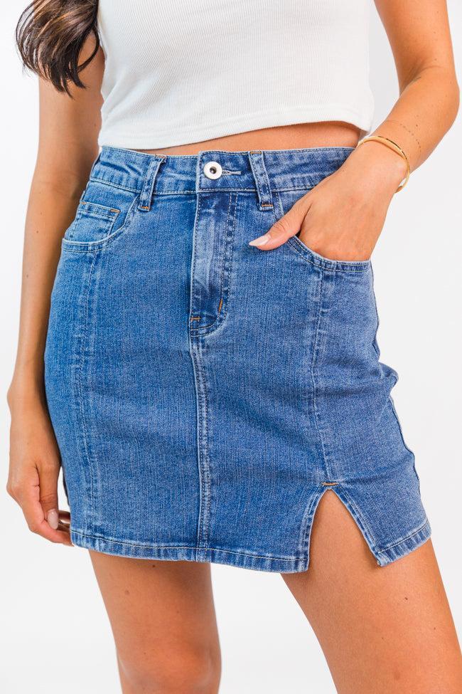 Somewhere Out There Medium Wash Side Slit Denim Skirt Product Image