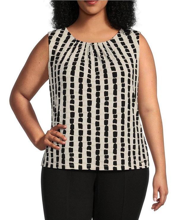 Calvin Klein Plus Size Knit Geometric Print Pleated Crew Neck Sleeveless Cami Top Product Image