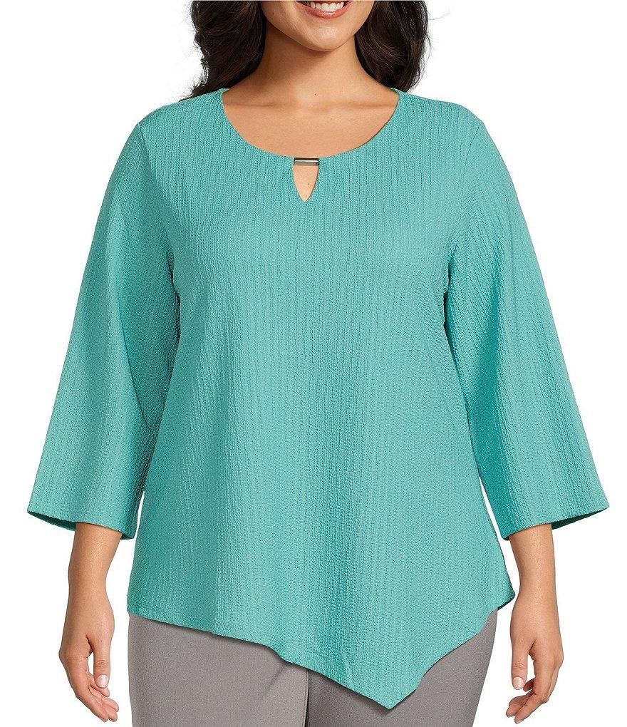 Allison Daley Plus Size 3/4 Sleeve Keyhole Neck Asymmetric Hem Crinkle Knit Top Product Image