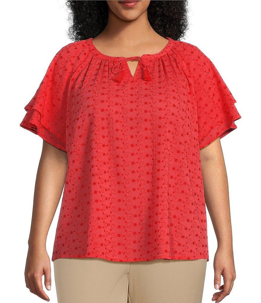 Allison Daley Plus Size Short Flutter Sleeve Tie Neck Embroidered Blouse Product Image