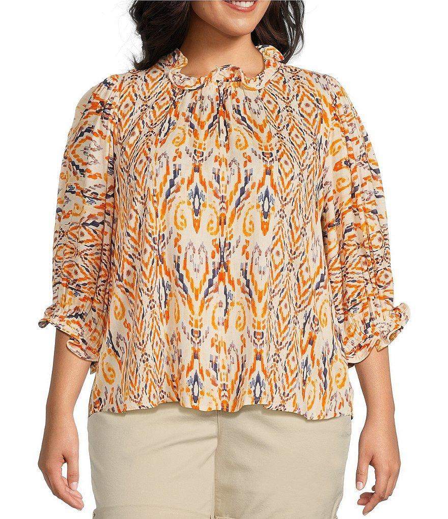 Democracy Plus Size Woven Abstract Print Ruffle Collar V-Neck Elbow Sleeve Top Product Image