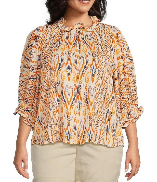 Democracy Plus Size Woven Abstract Print Ruffle Collar V-Neck Elbow Sleeve Top Product Image