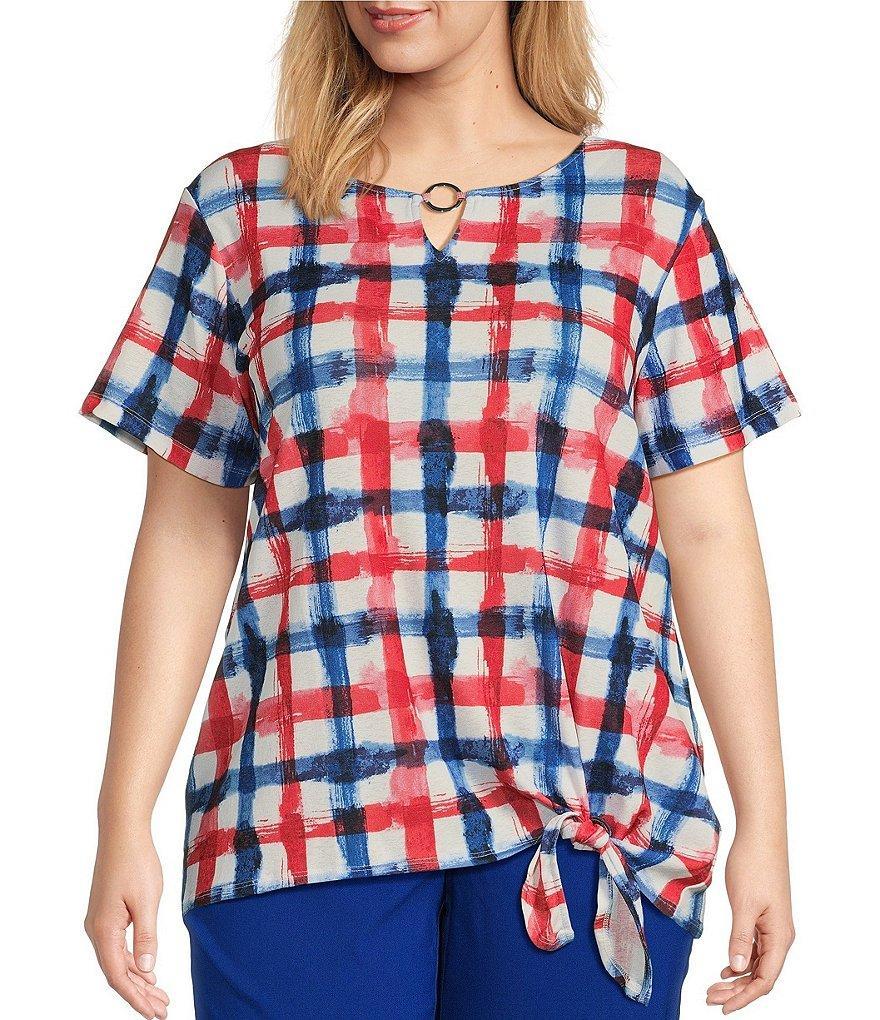 Allison Daley Plus Size Watercolor Plaid Short Sleeve Keyhole Neck Tie Hem Gauze Knit Top Product Image