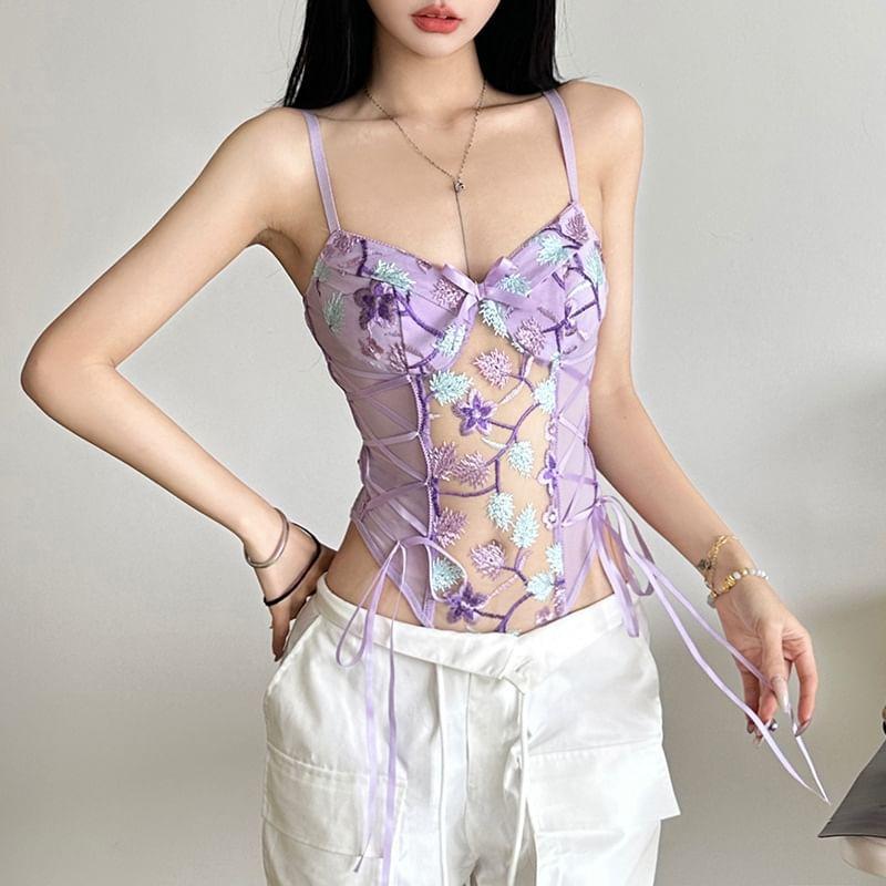 Spaghetti Strap Embroidered Bodysuit Top Product Image