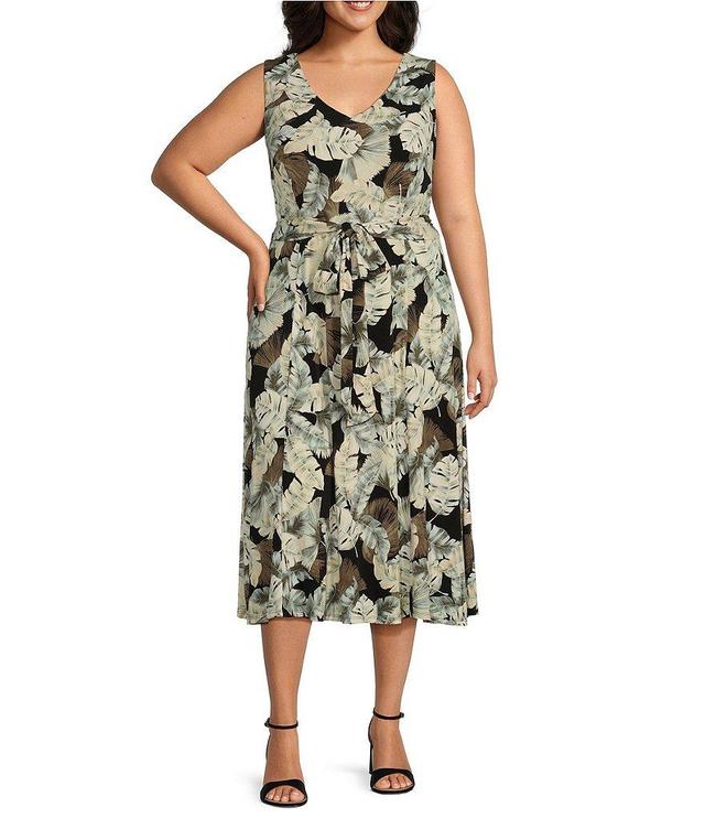 Kasper Plus Size Stretch Printed V-Neck Sleeveless Fit and Flare Dress Product Image