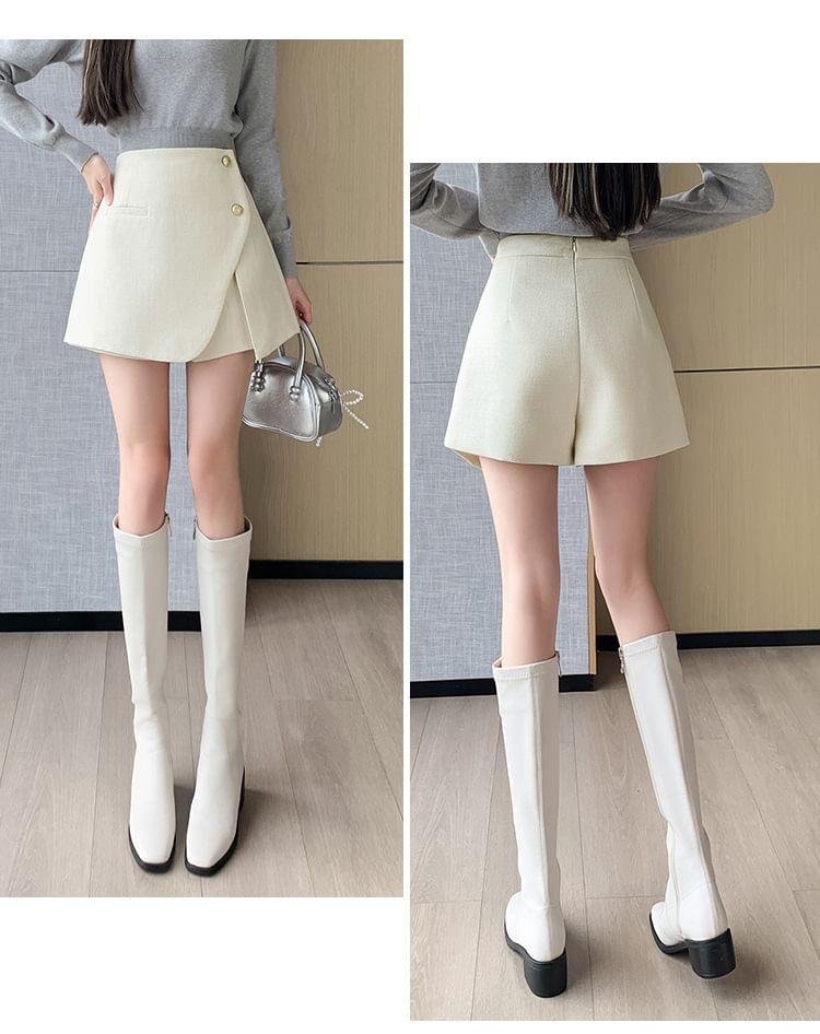 High Waist Plain Asymmetrical Slit Button Front Skort Product Image