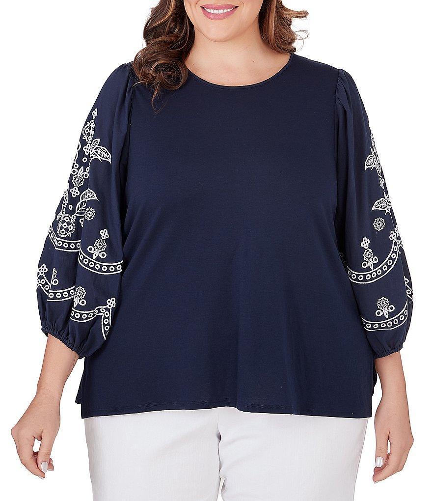 Ruby Rd. Plus Size Knit Crew Neck Embroidered 3/4 Balloon Sleeve Top Product Image