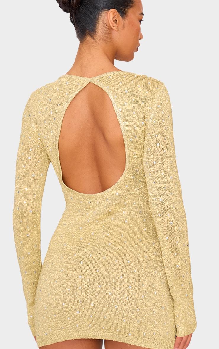 Gold Lurex Knit Gem Detail Open Back Mini Dress Product Image