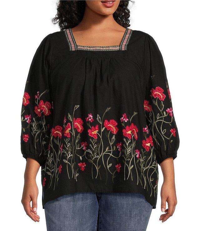 Calessa Plus Size Embroidered Floral Square Neck Bracelet Length Sleeve Tunic Product Image