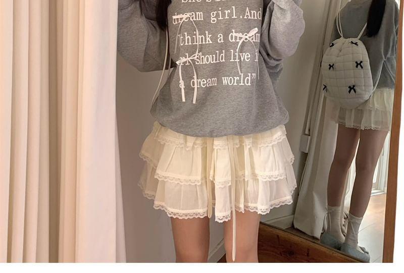 Cold-Shoulder Long-Sleeve Lettering Bow Sweatshirt Product Image