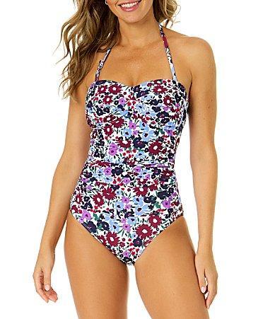 Anne Cole Meadow Bouquet Ditsy Floral Print Strapless Twist Front Bandeau Ruched One Piece Swimsuit Product Image