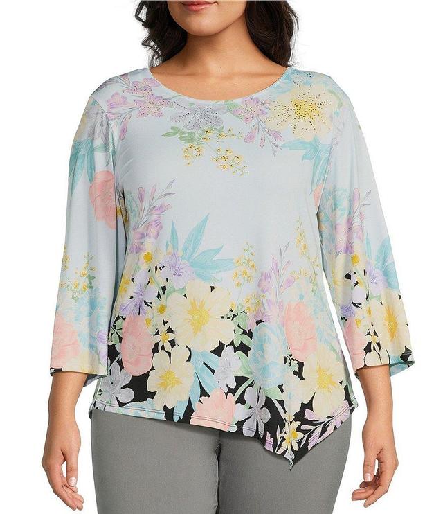 Allison Daley Plus Size Embellished Floral Print 3/4 Sleeve Scoop Neck Asymmetric Hem Knit Top Product Image